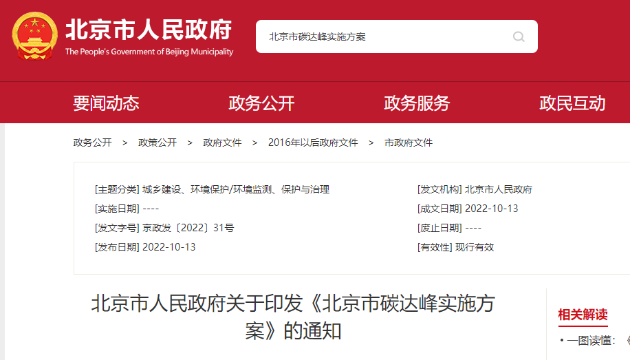 北京市碳達峰實施方案
