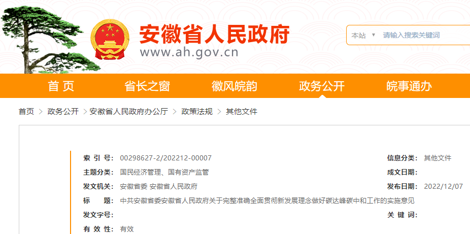 中共安徽省委、安徽省人民政府制定關于完整準確全面貫徹新發展理念做好碳達峰碳中和工作的實施意見